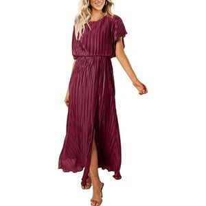 Long Short Sleeve Pleated Dresse Empire Waist Crew Neck Slit, M, 5B-144D007